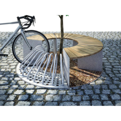 Grille d'arbre SEGMO avec 4 assises chêne et 2 appuis vélos
